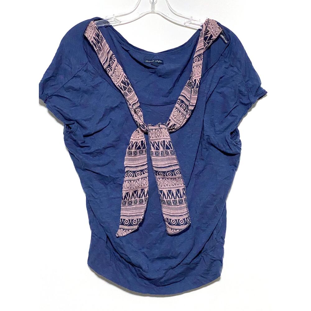VTG American Eagle Blue Top Shirt XS Aztec Neck Tie Indie Boho Preppy Y2K 2011